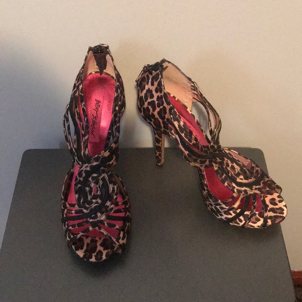Betsey Johnson Leopard Print Strappy High Heels with Pink Insole